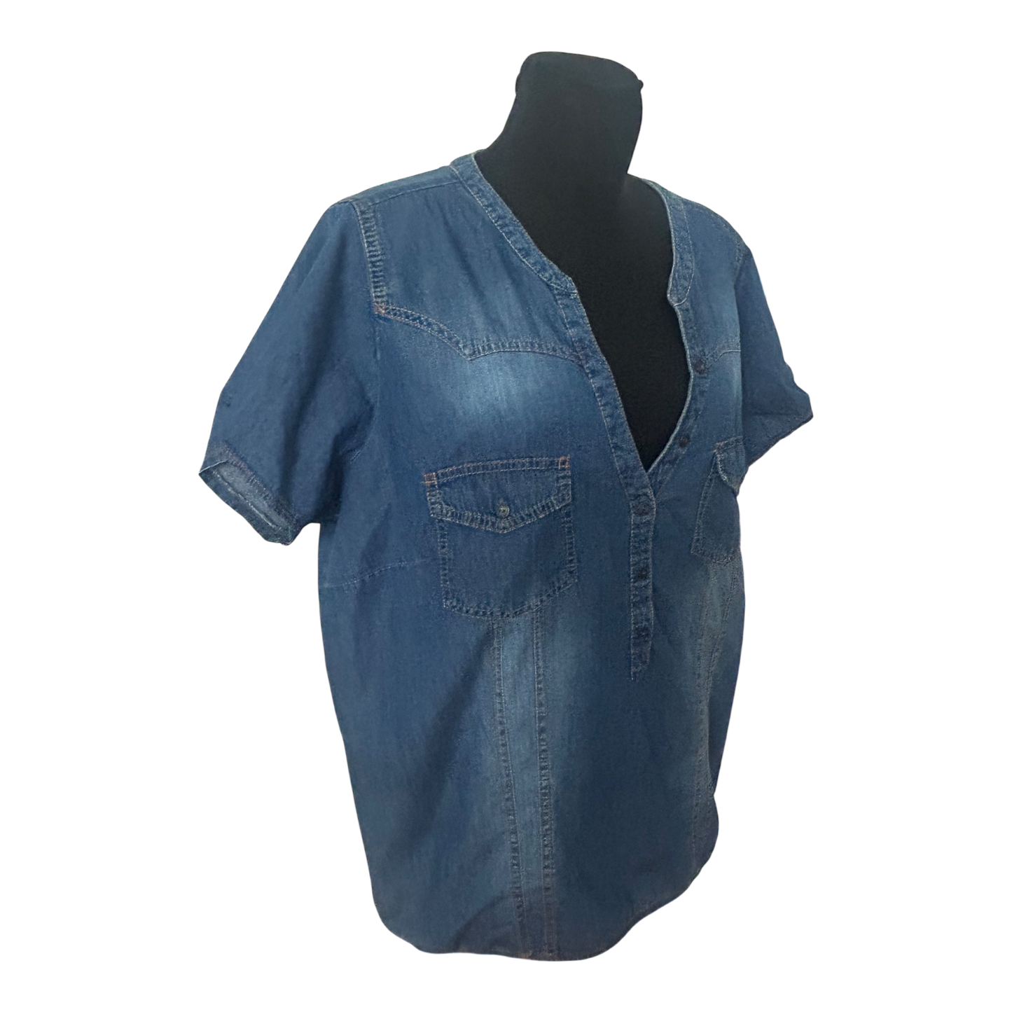 MS Mode Damen Bluse 50 Kurzarm Jeans Baumwolle Gummizug Schulterklappen
