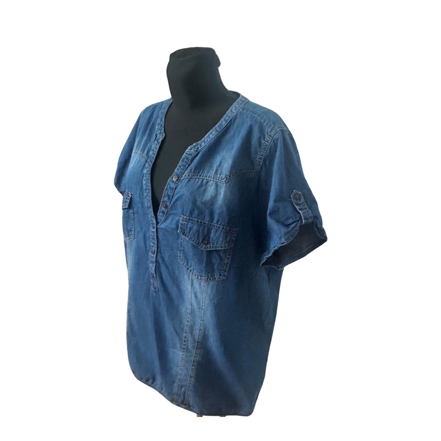 MS Mode Damen Bluse 50 Kurzarm Jeans Baumwolle Gummizug Schulterklappen