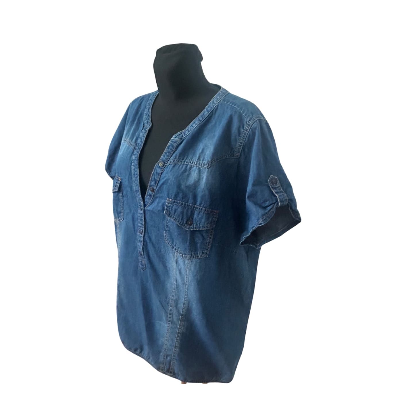 MS Mode Damen Bluse 50 Kurzarm Jeans Baumwolle Gummizug Schulterklappen