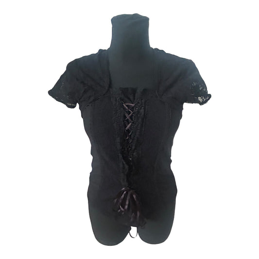 Heine Damen Bluse 40 Kurzarm Spitze Schnürung Stretch Schwarz