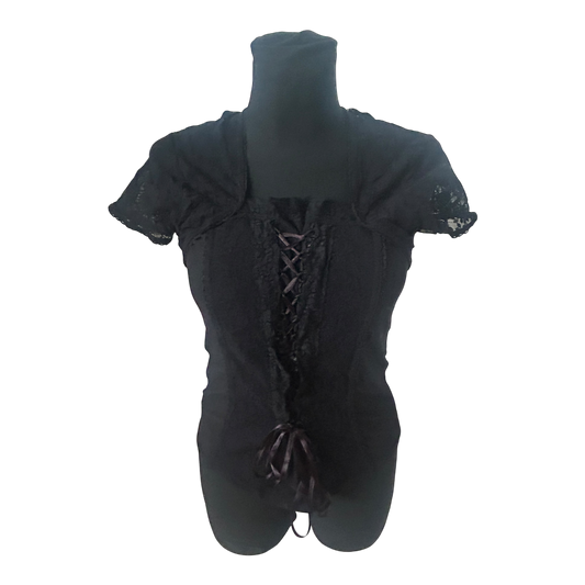 Heine Damen Bluse 40 Kurzarm Spitze Schnürung Stretch Schwarz