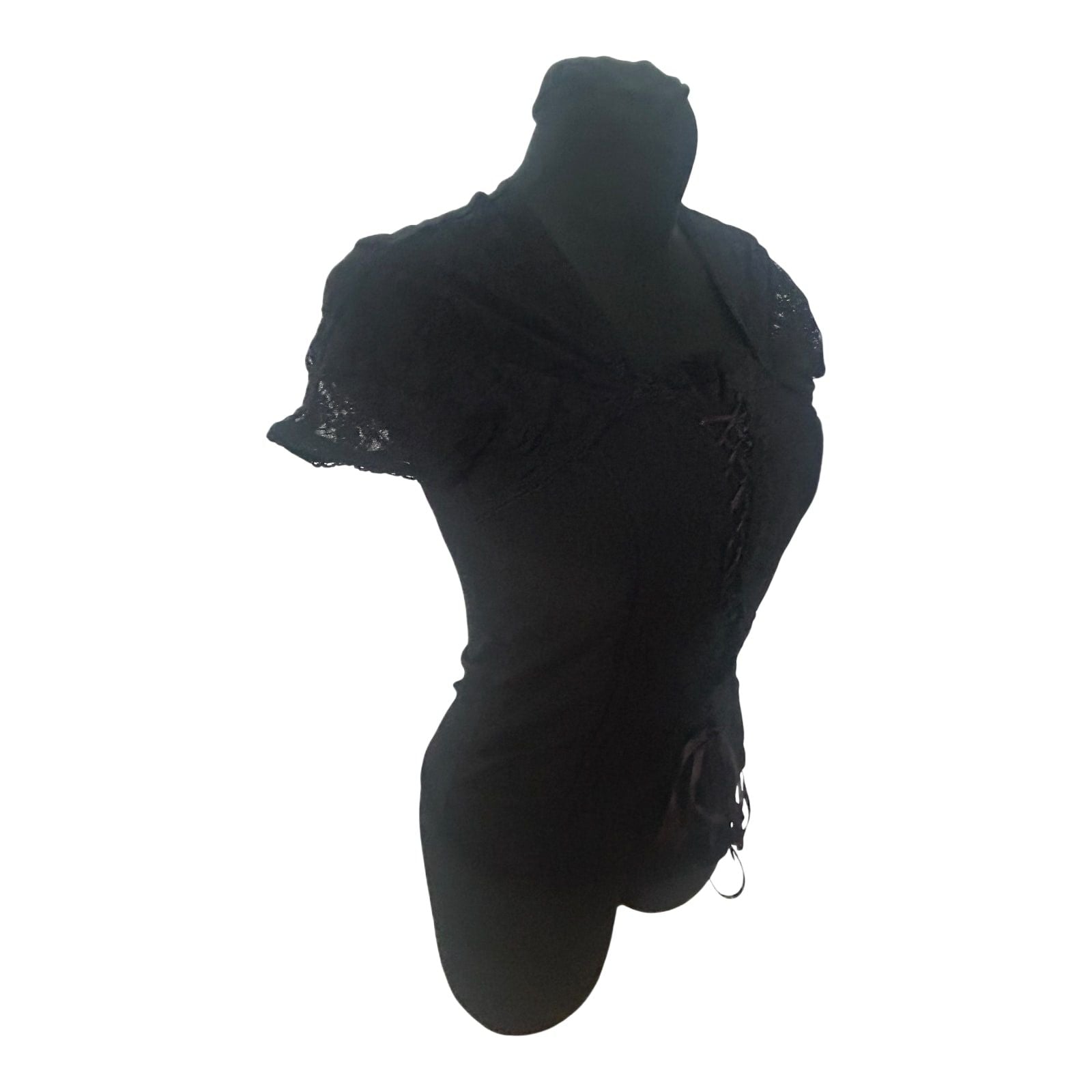 Heine Damen Bluse 40 Kurzarm Spitze Schnürung Stretch Schwarz