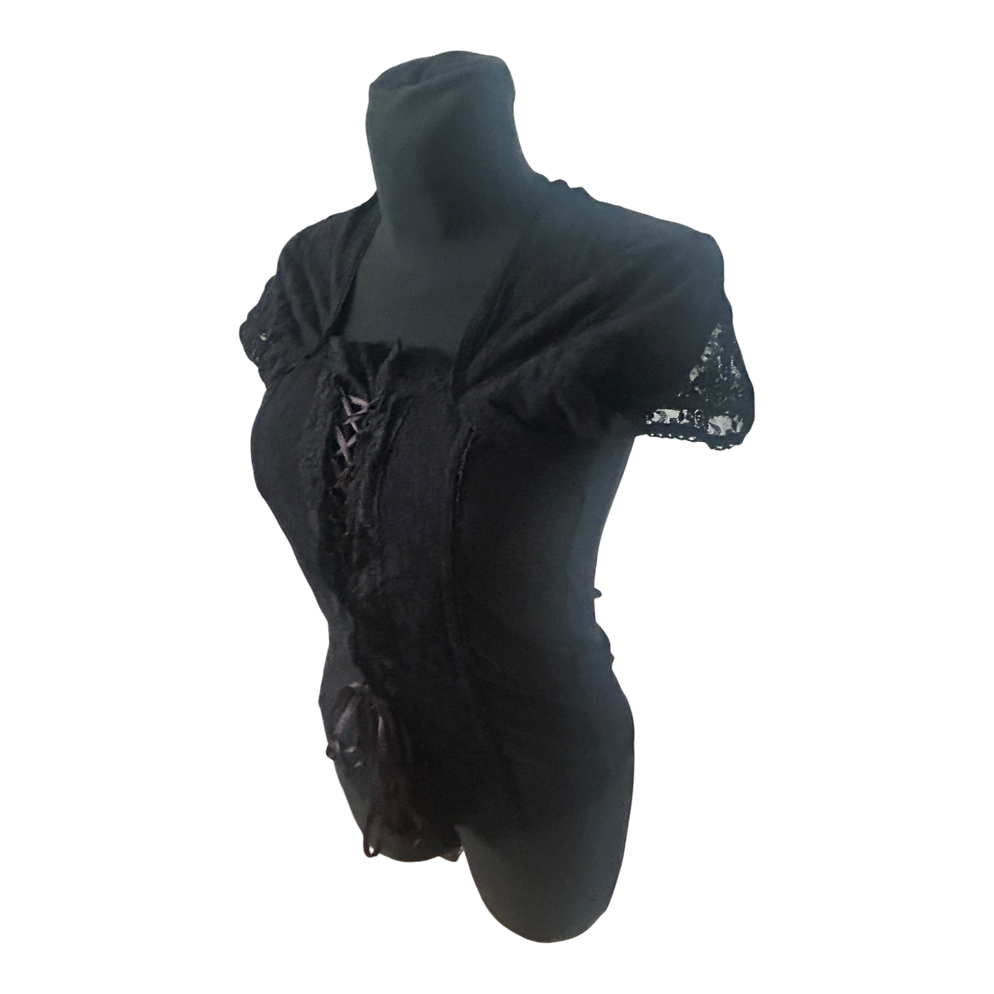 Heine Damen Bluse 40 Kurzarm Spitze Schnürung Stretch Schwarz