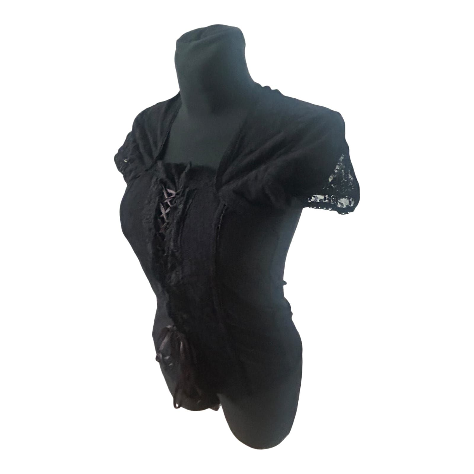 Heine Damen Bluse 40 Kurzarm Spitze Schnürung Stretch Schwarz