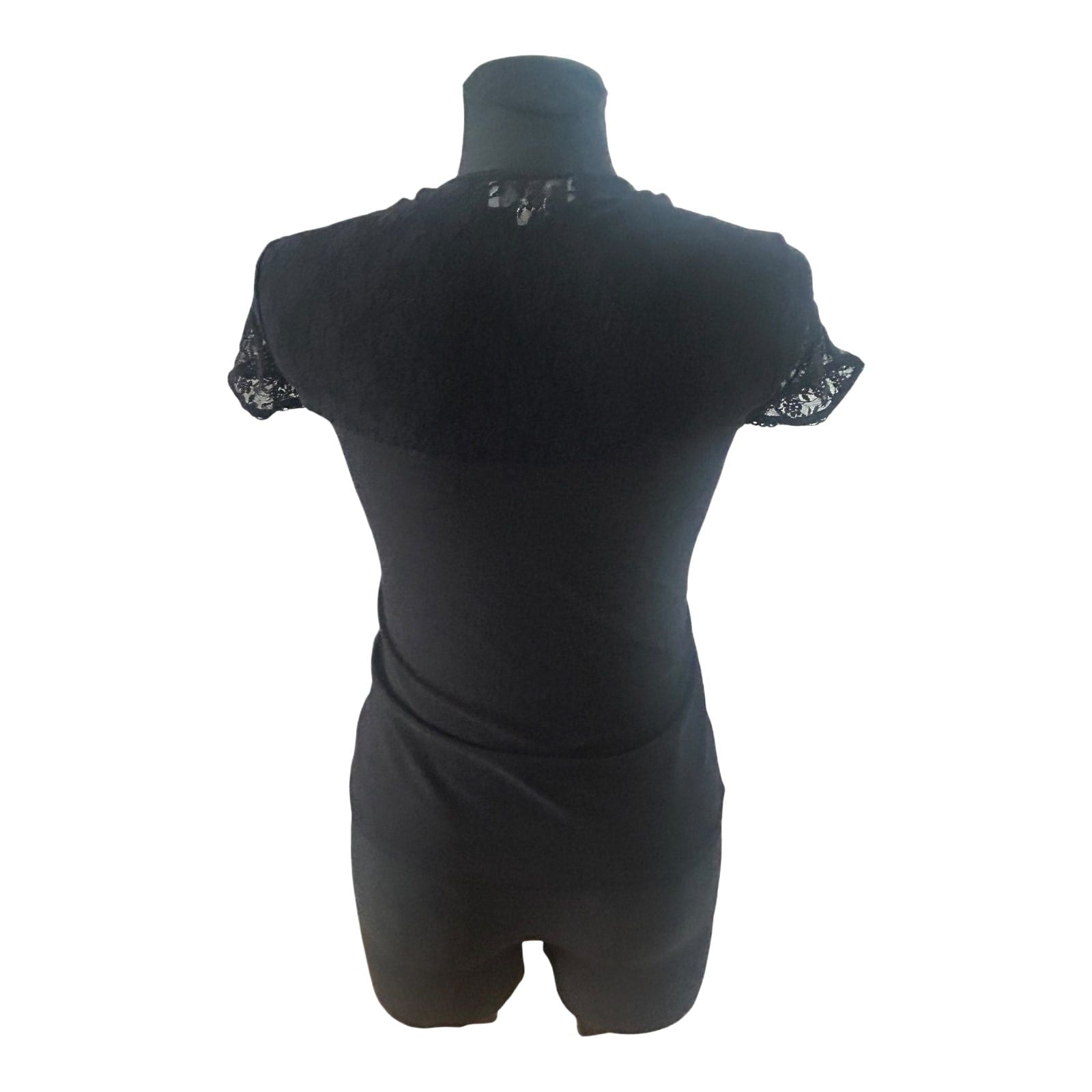 Heine Damen Bluse 40 Kurzarm Spitze Schnürung Stretch Schwarz