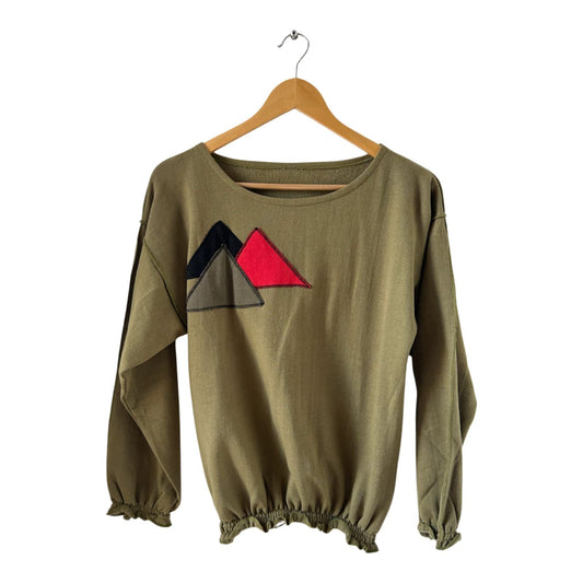Vintage Shirt Damen Gr M Khaki Baumwolle 80er Langarm Geometrie Ziernähte Retro