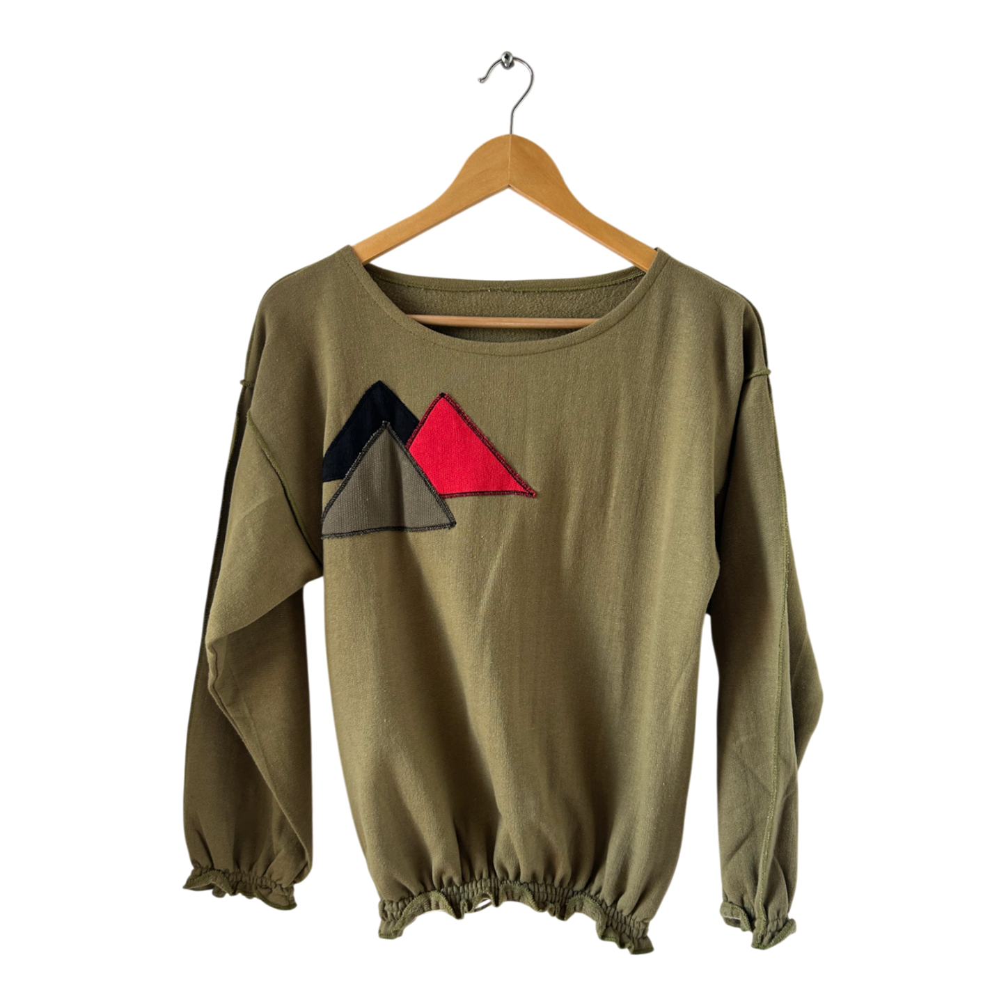 Vintage Shirt Damen Gr M Khaki Baumwolle 80er Langarm Geometrie Ziernähte Retro
