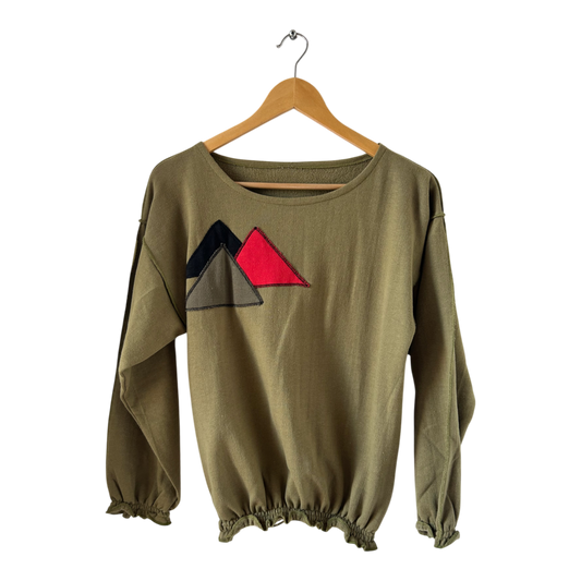Vintage Shirt Damen Gr M Khaki Baumwolle 80er Langarm Geometrie Ziernähte Retro