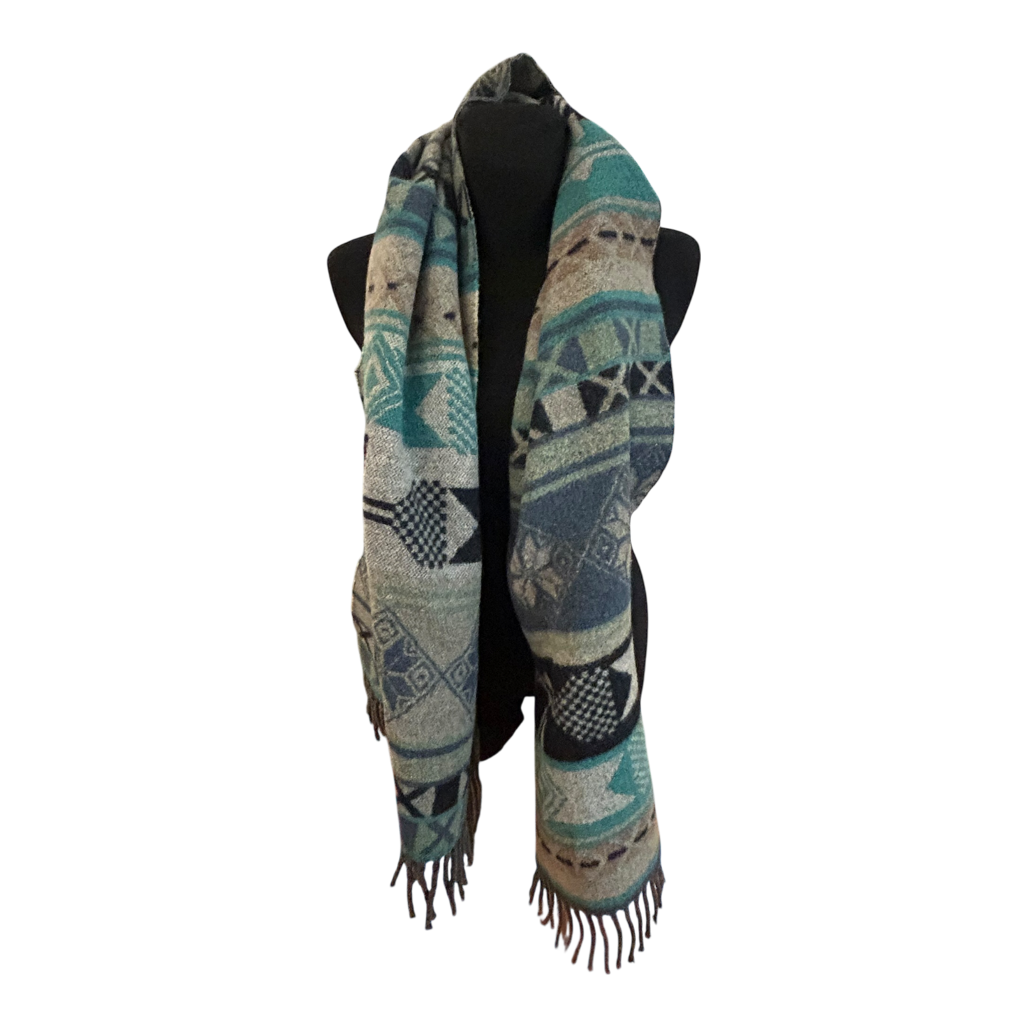 Damen Schal Esprit Wollmix Blau Grau Ethnomuster weich mit Fransen