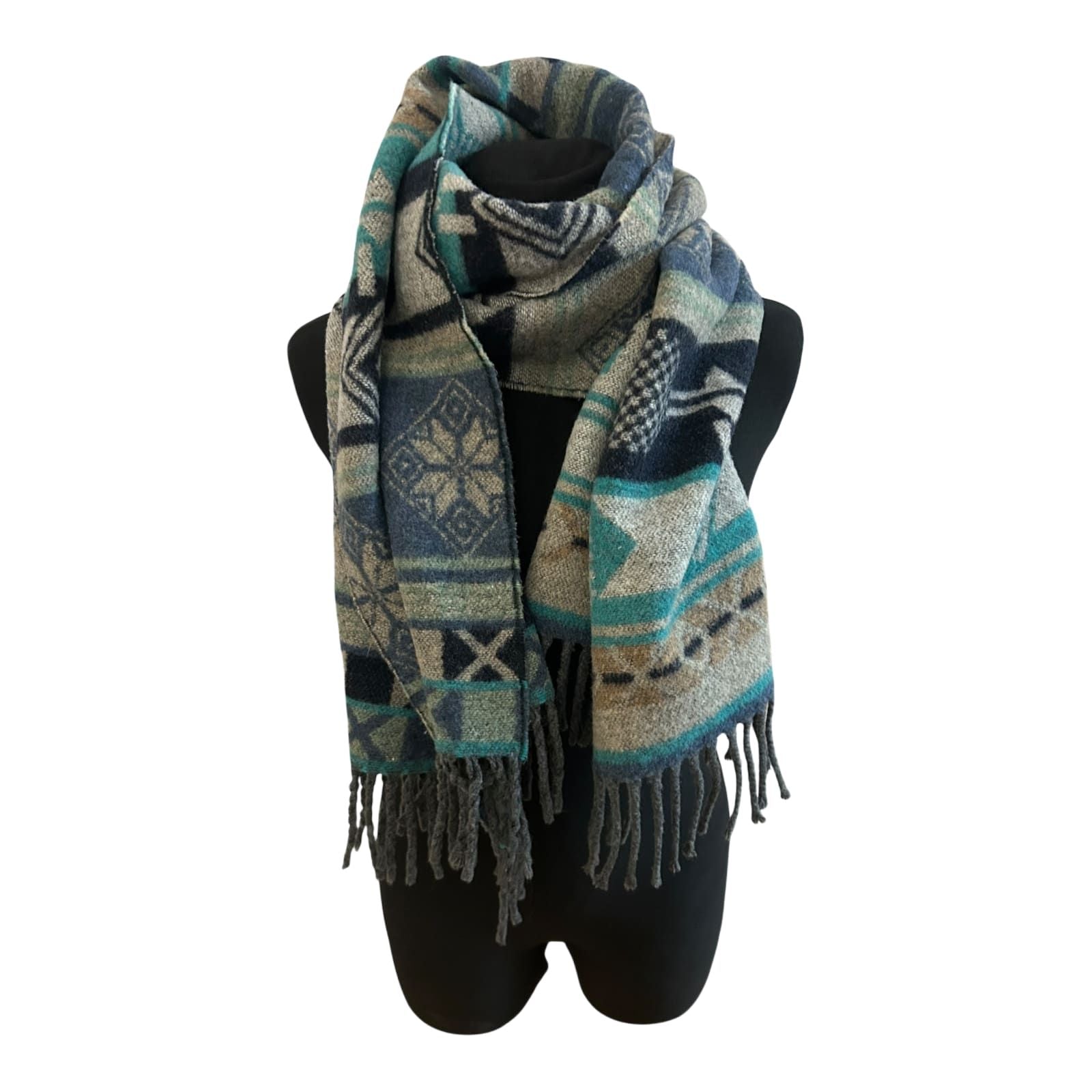 Damen Schal Esprit Wollmix Blau Grau Ethnomuster weich mit Fransen