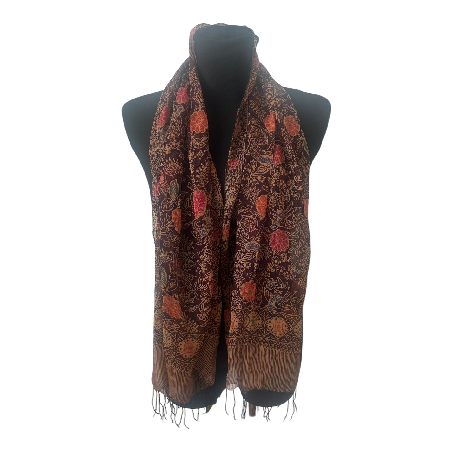 Leichtes Damen Tuch Schal Transparent Floral Braun Rot Schal Fransen Sommer