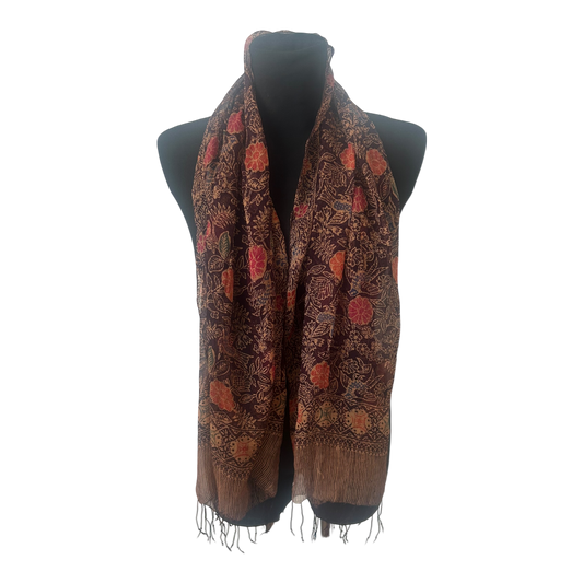 Leichtes Damen Tuch Schal Transparent Floral Braun Rot Schal Fransen Sommer