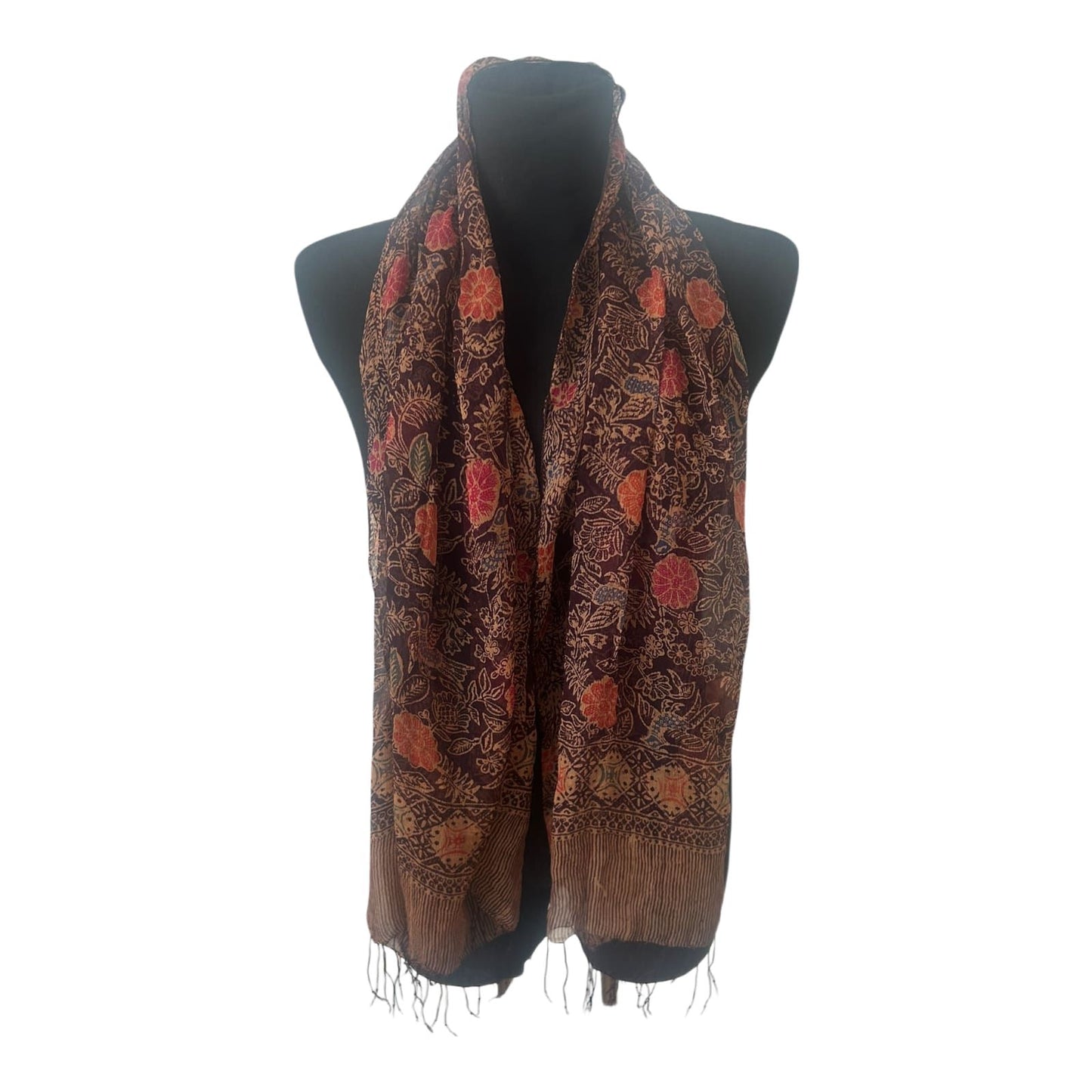 Leichtes Damen Tuch Schal Transparent Floral Braun Rot Schal Fransen Sommer