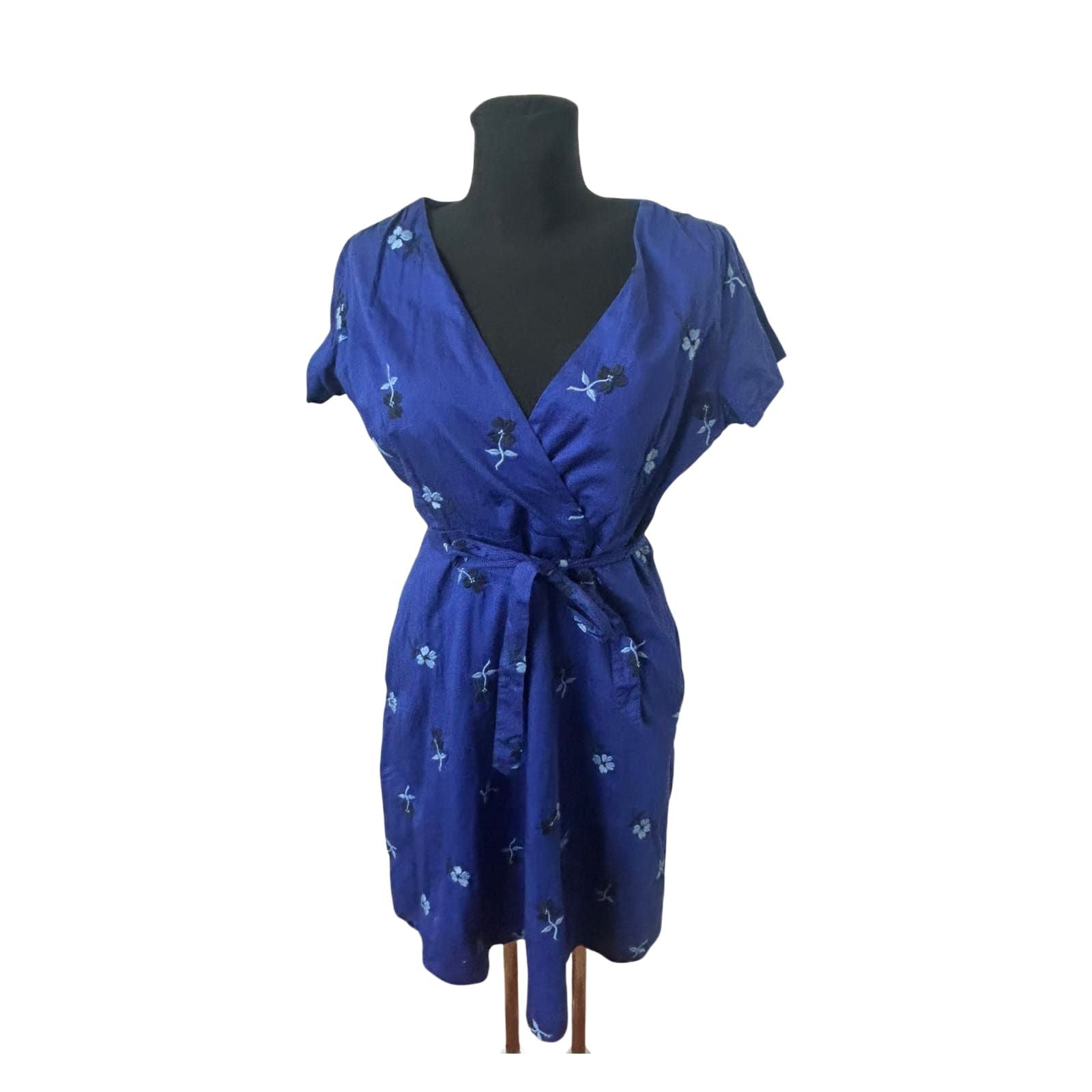Lands End Kleid Damen Gr 40 Blau Sommer Baumwolle Bindegürtel Floral