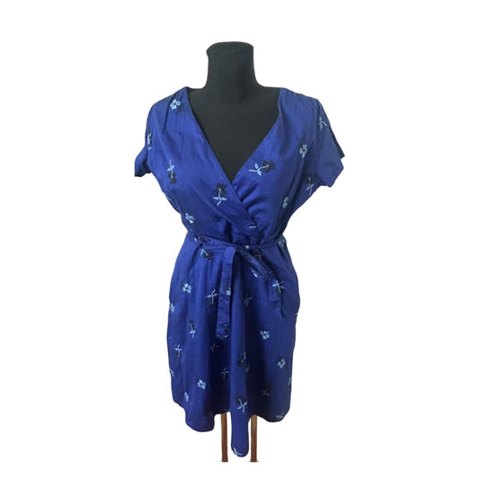 Lands End Kleid Damen Gr 40 Blau Sommer Baumwolle Bindegürtel Floral