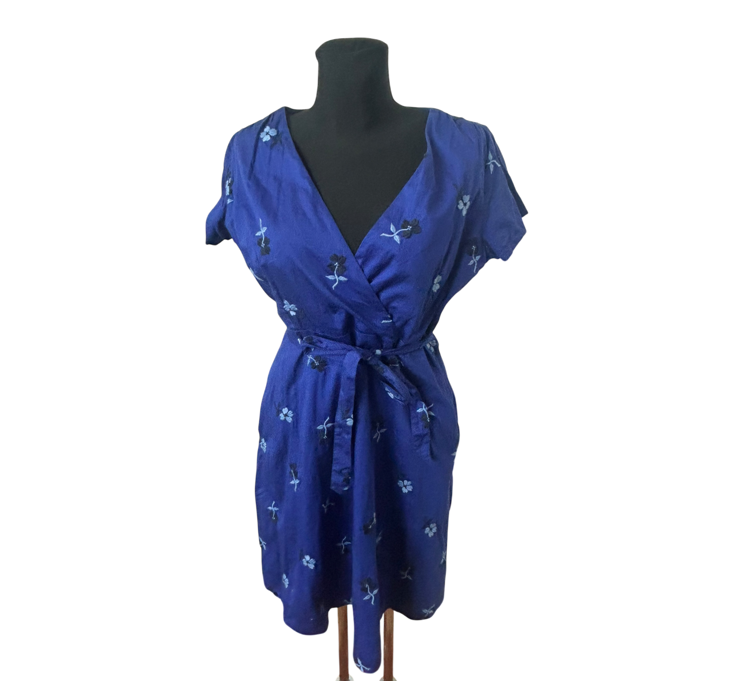 Lands End Kleid Damen Gr 40 Blau Sommer Baumwolle Bindegürtel Floral