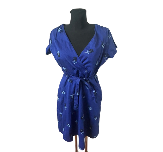 Lands End Kleid Damen Gr 40 Blau Sommer Baumwolle Bindegürtel Floral