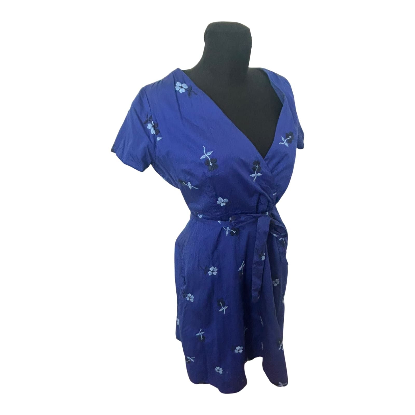 Lands End Kleid Damen Gr 40 Blau Sommer Baumwolle Bindegürtel Floral