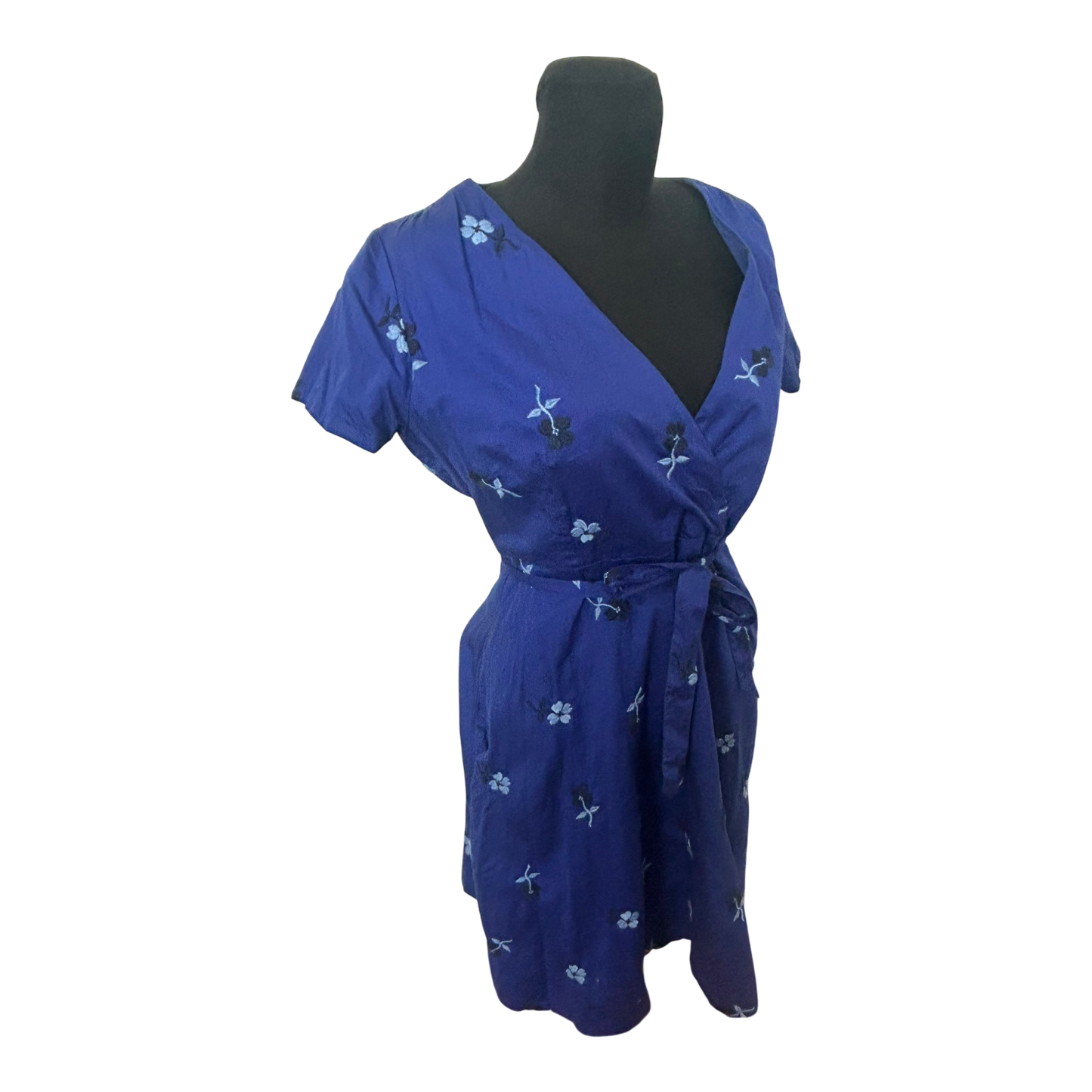 Lands End Kleid Damen Gr 40 Blau Sommer Baumwolle Bindegürtel Floral