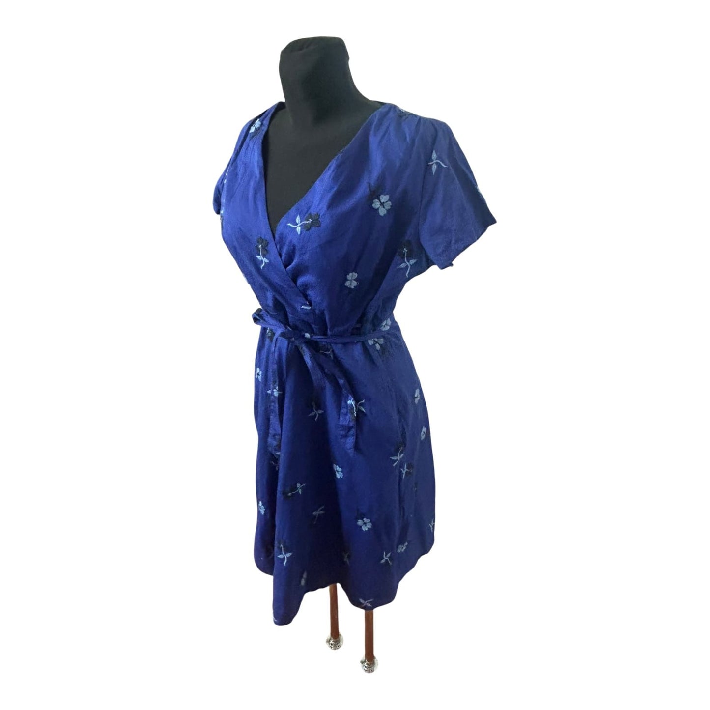 Lands End Kleid Damen Gr 40 Blau Sommer Baumwolle Bindegürtel Floral