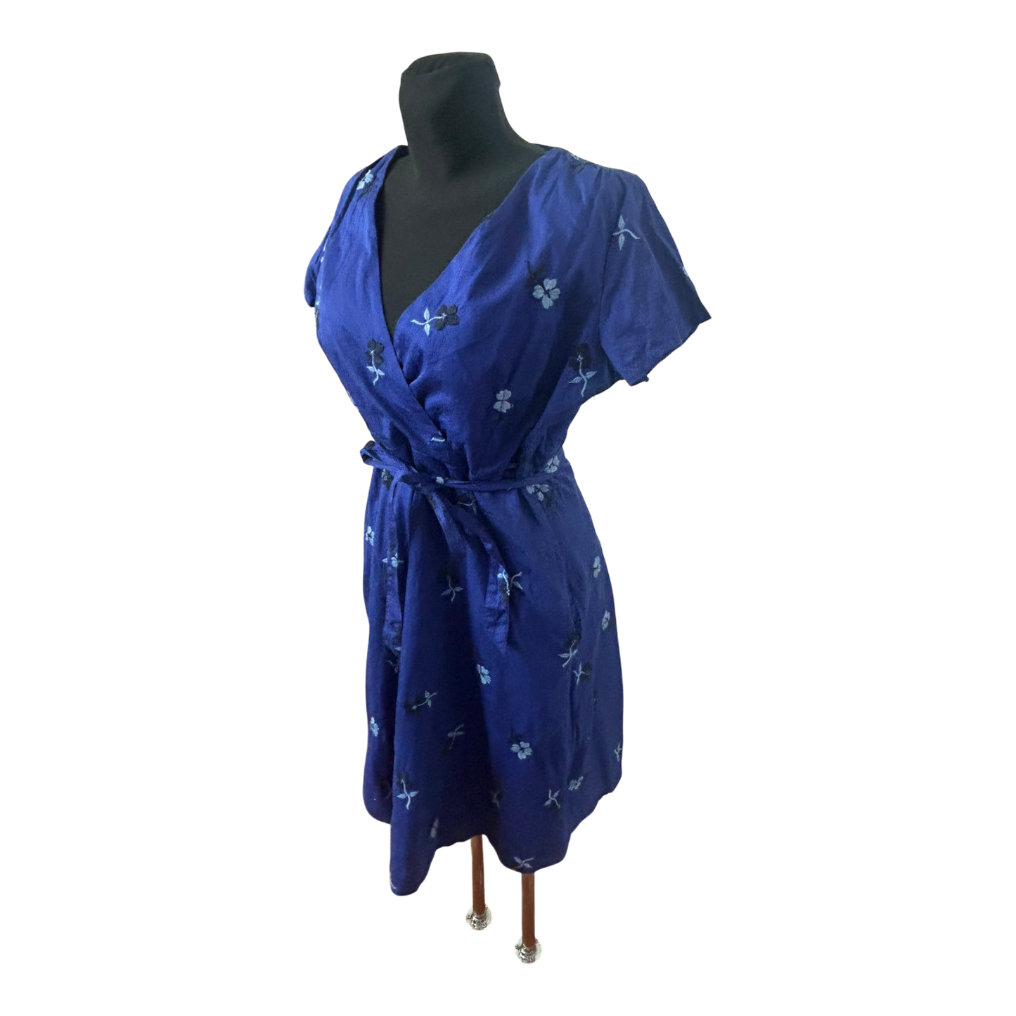 Lands End Kleid Damen Gr 40 Blau Sommer Baumwolle Bindegürtel Floral