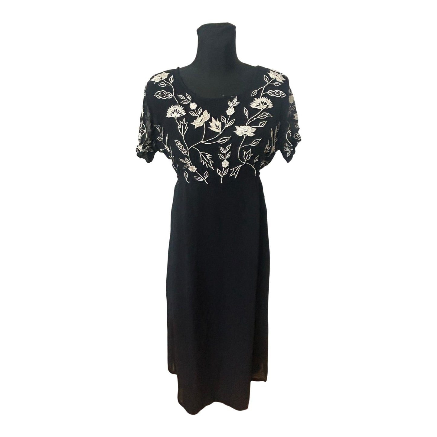Damen Maxikleid Schwarz Stickerei Blumen Elegant Abend Festlich Gr L