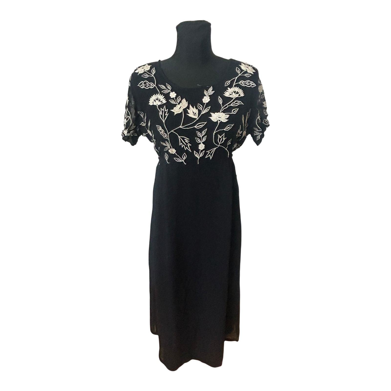 Damen Maxikleid Schwarz Stickerei Blumen Elegant Abend Festlich Gr L