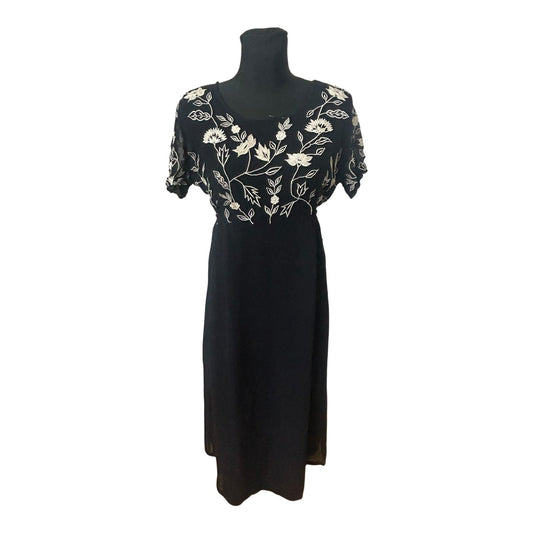 Damen Maxikleid Schwarz Stickerei Blumen Elegant Abend Festlich Gr L