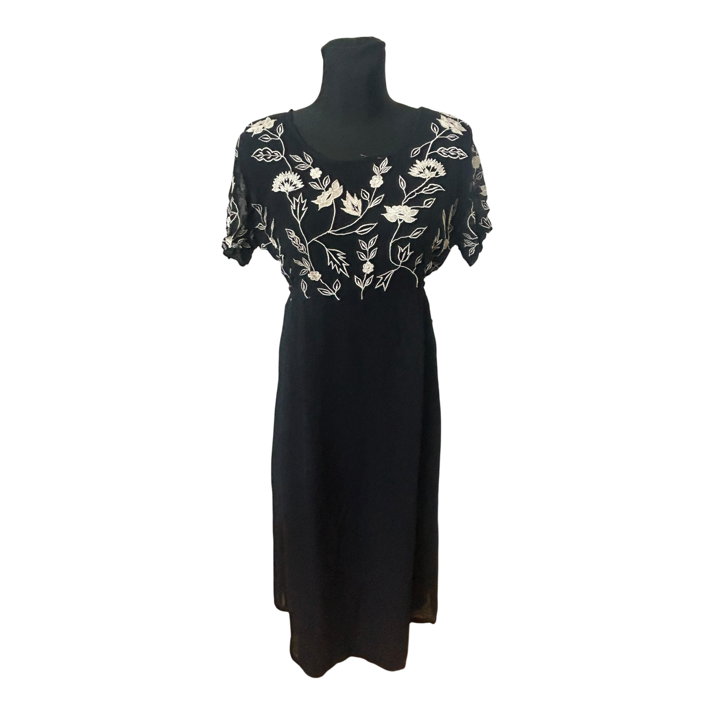 Damen Maxikleid Schwarz Stickerei Blumen Elegant Abend Festlich Gr L