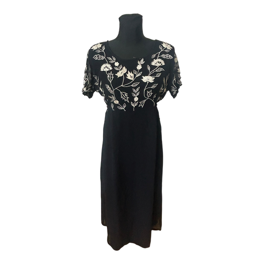 Damen Maxikleid Schwarz Stickerei Blumen Elegant Abend Festlich Gr L