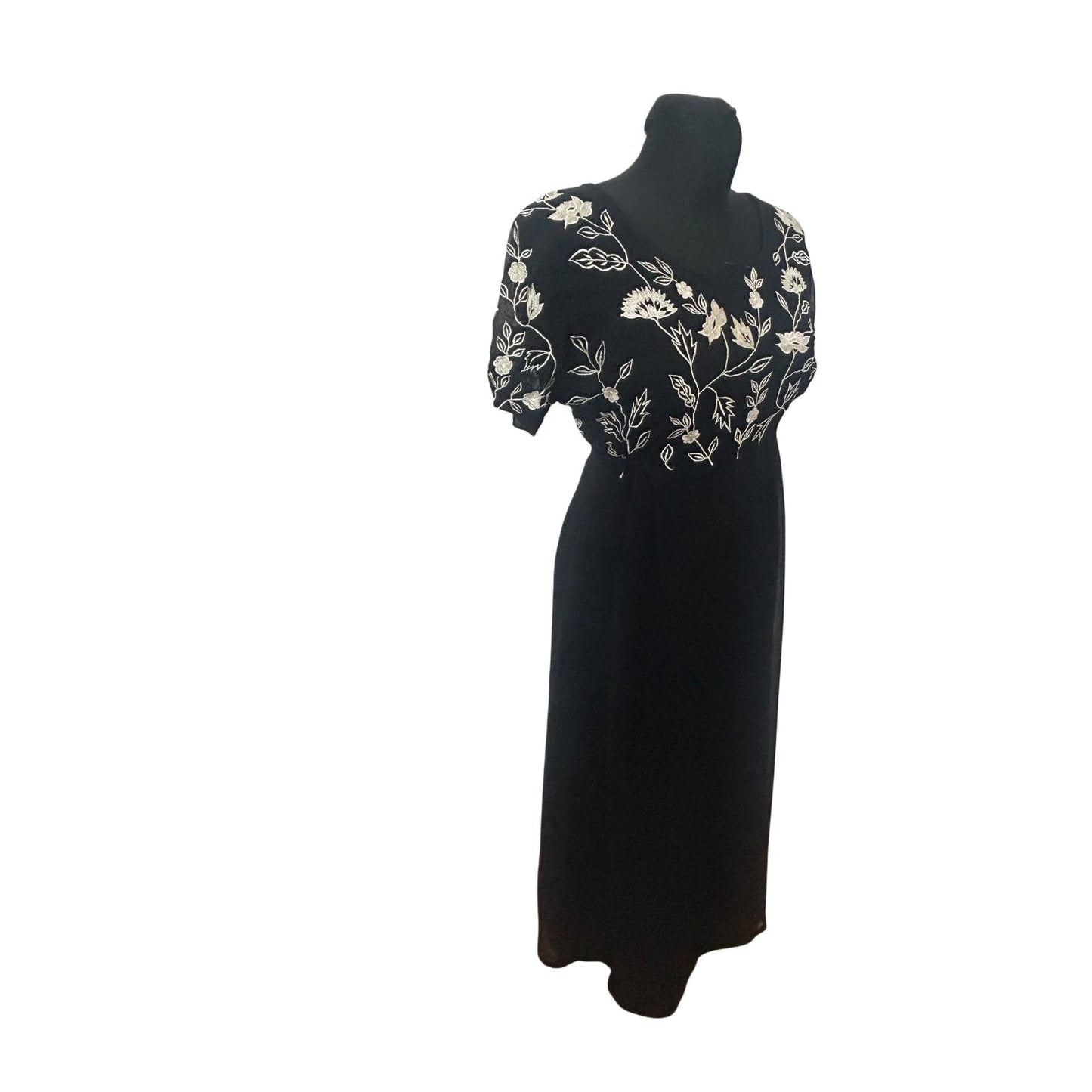 Damen Maxikleid Schwarz Stickerei Blumen Elegant Abend Festlich Gr L