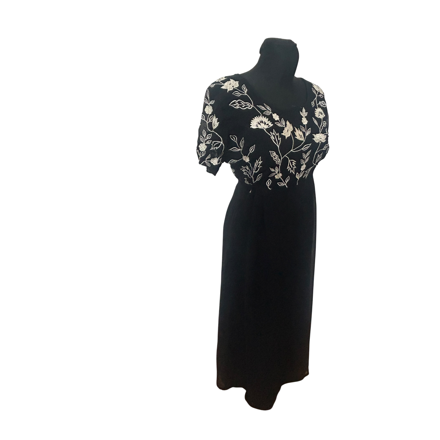 Damen Maxikleid Schwarz Stickerei Blumen Elegant Abend Festlich Gr L