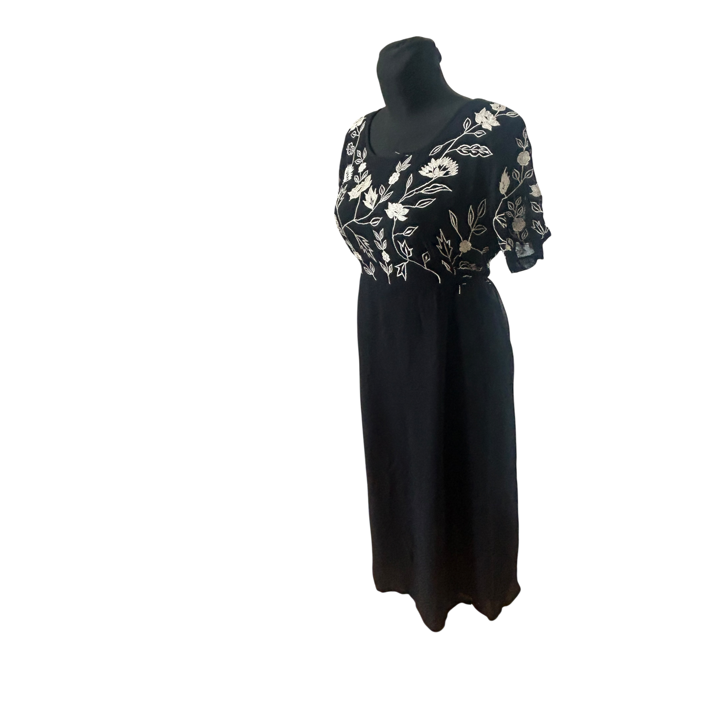 Damen Maxikleid Schwarz Stickerei Blumen Elegant Abend Festlich Gr L