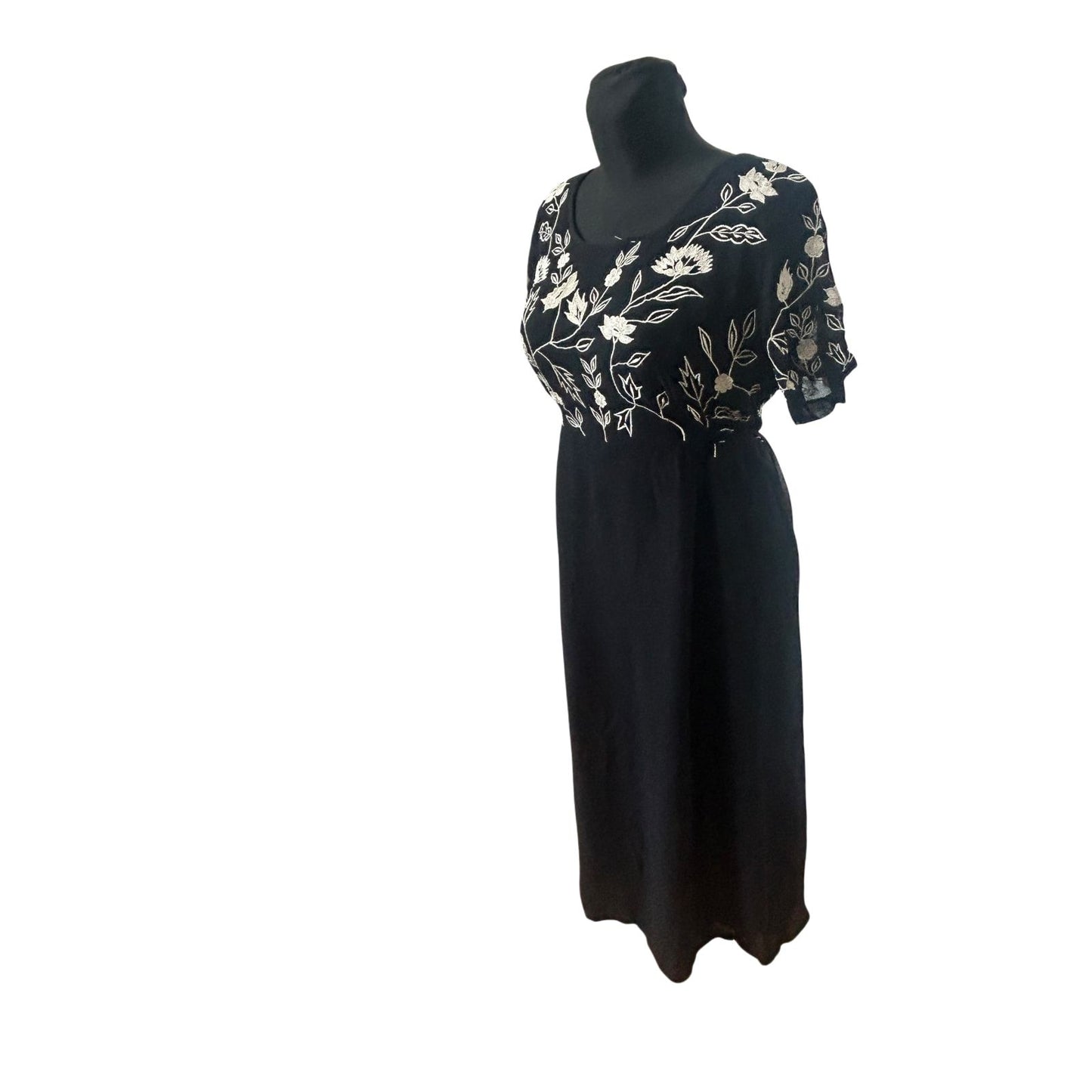 Damen Maxikleid Schwarz Stickerei Blumen Elegant Abend Festlich Gr L