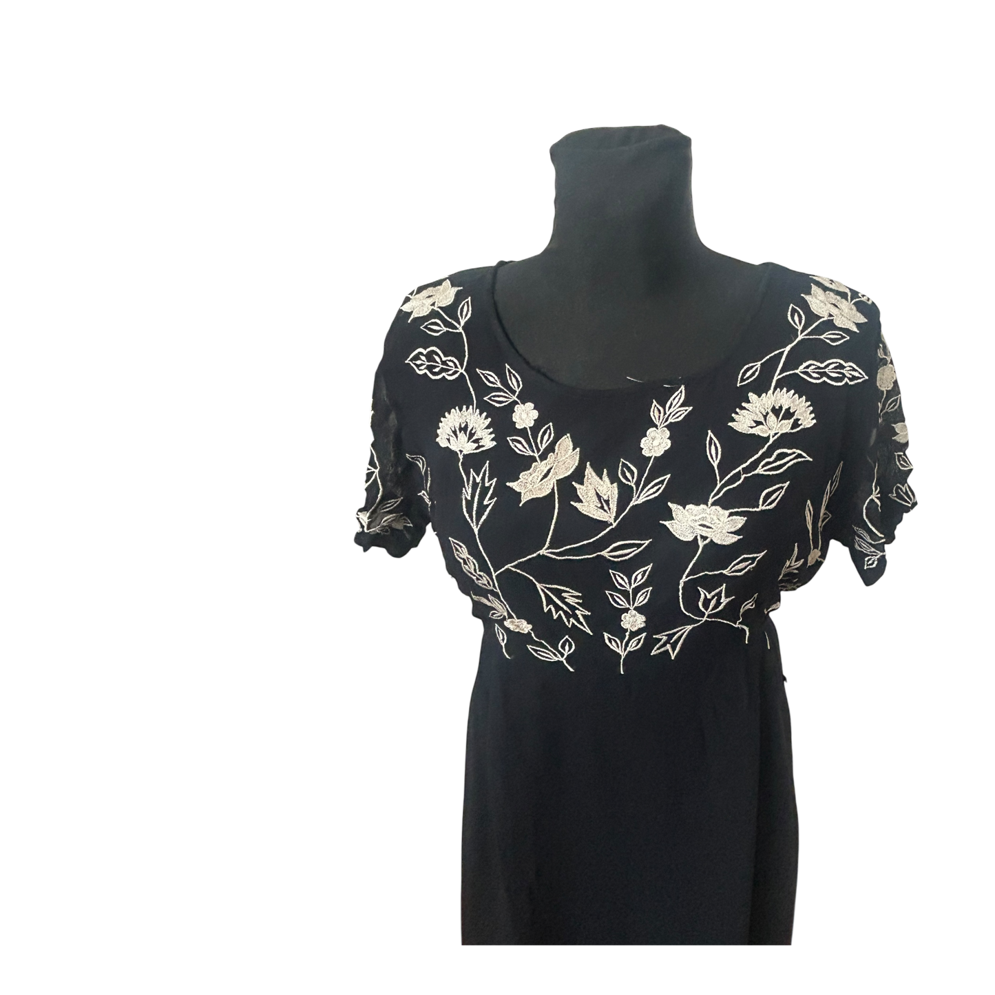 Damen Maxikleid Schwarz Stickerei Blumen Elegant Abend Festlich Gr L