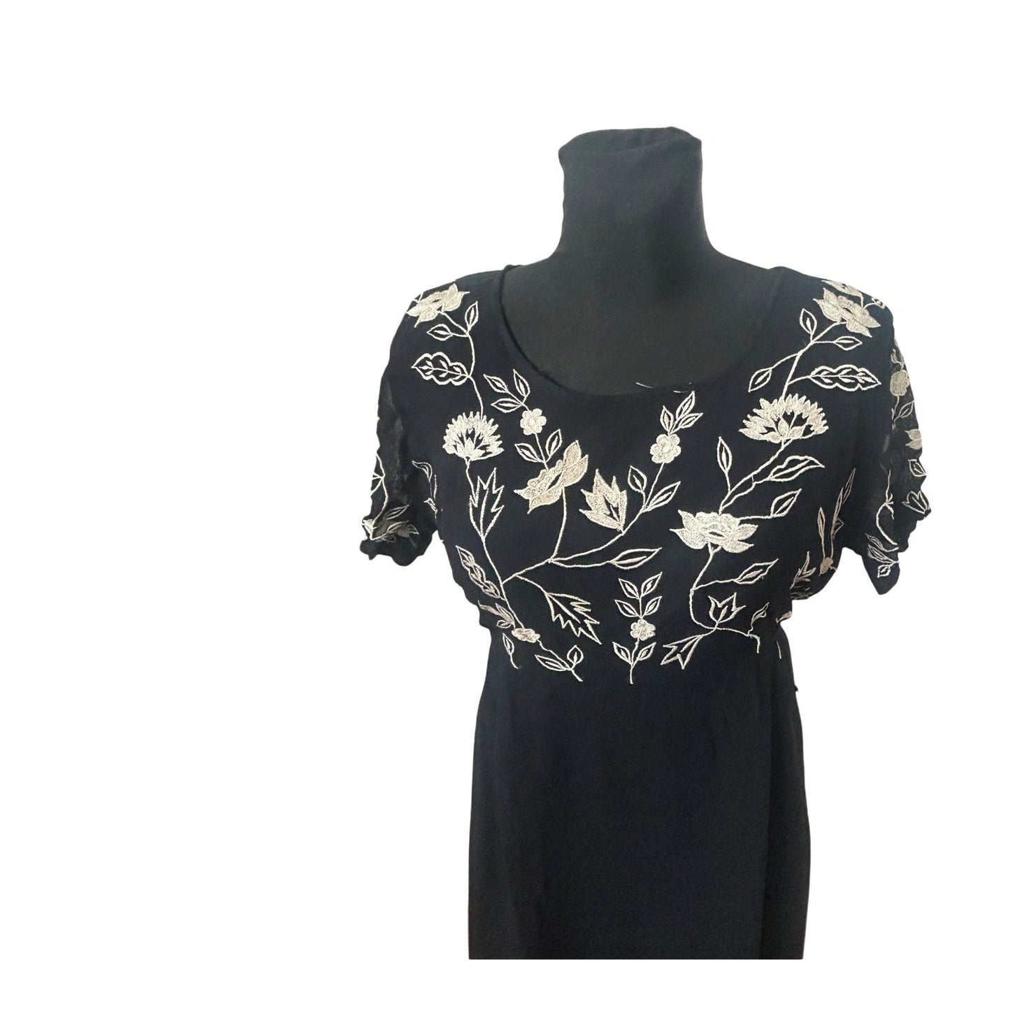 Damen Maxikleid Schwarz Stickerei Blumen Elegant Abend Festlich Gr L