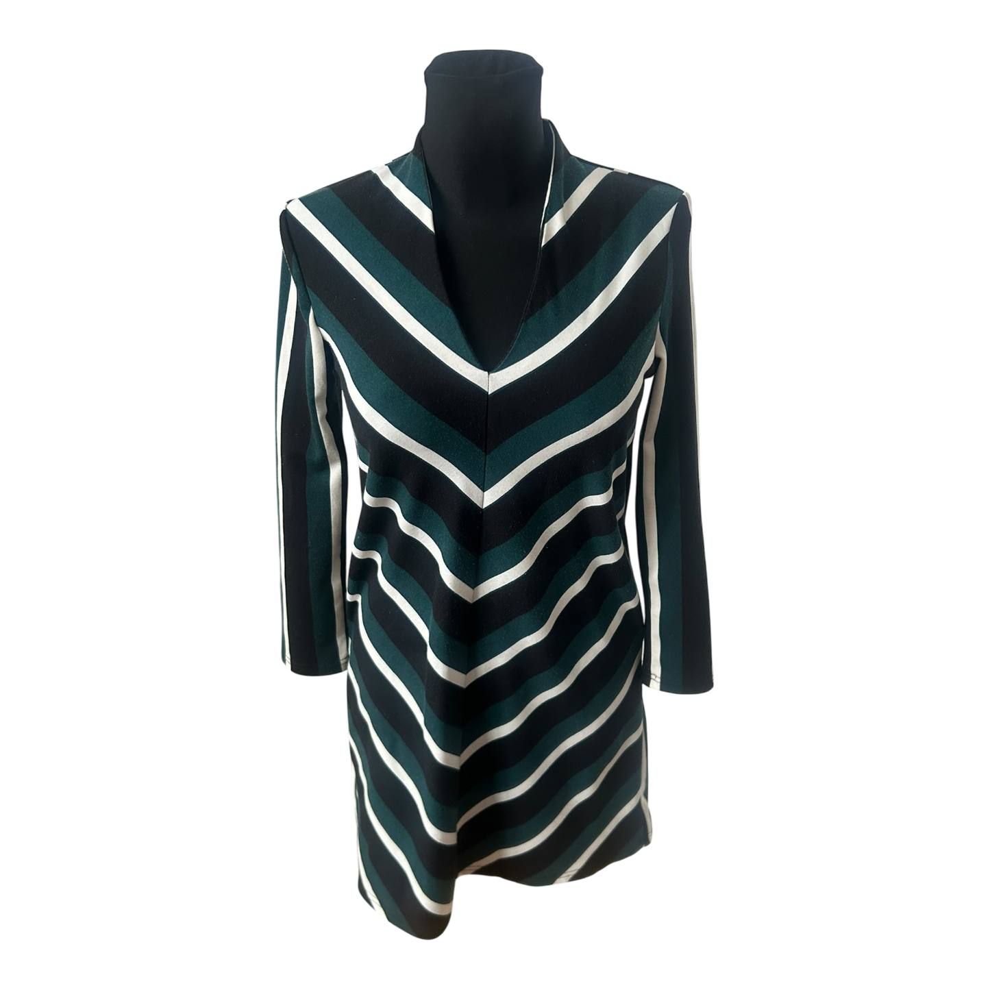 Mango Damenkleid XL Grün Schwarz 3/4-Arm Streifen V Ausschnitt Stretch
