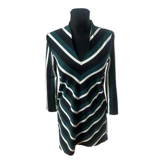Mango Damenkleid XL Grün Schwarz 3/4-Arm Streifen V Ausschnitt Stretch