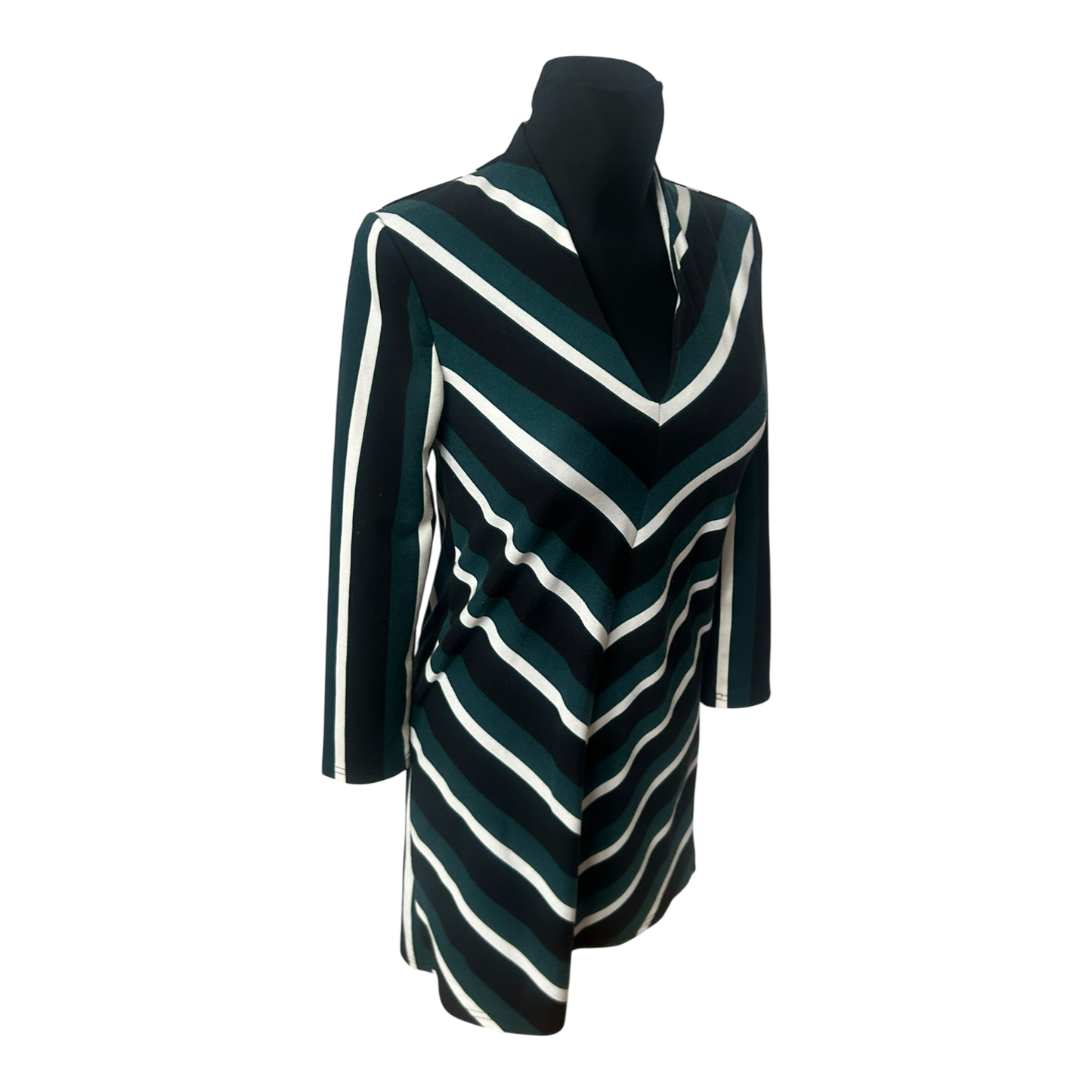 Mango Damenkleid XL Grün Schwarz 3/4-Arm Streifen V Ausschnitt Stretch