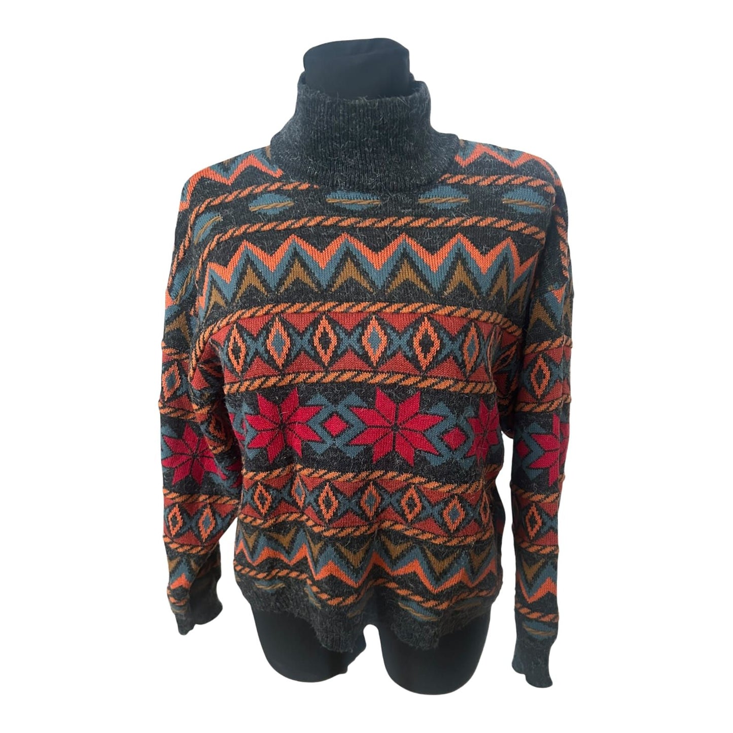 Servato Damen Pullover Gr M Vintage Stehkragen Muster Wollmix Warm
