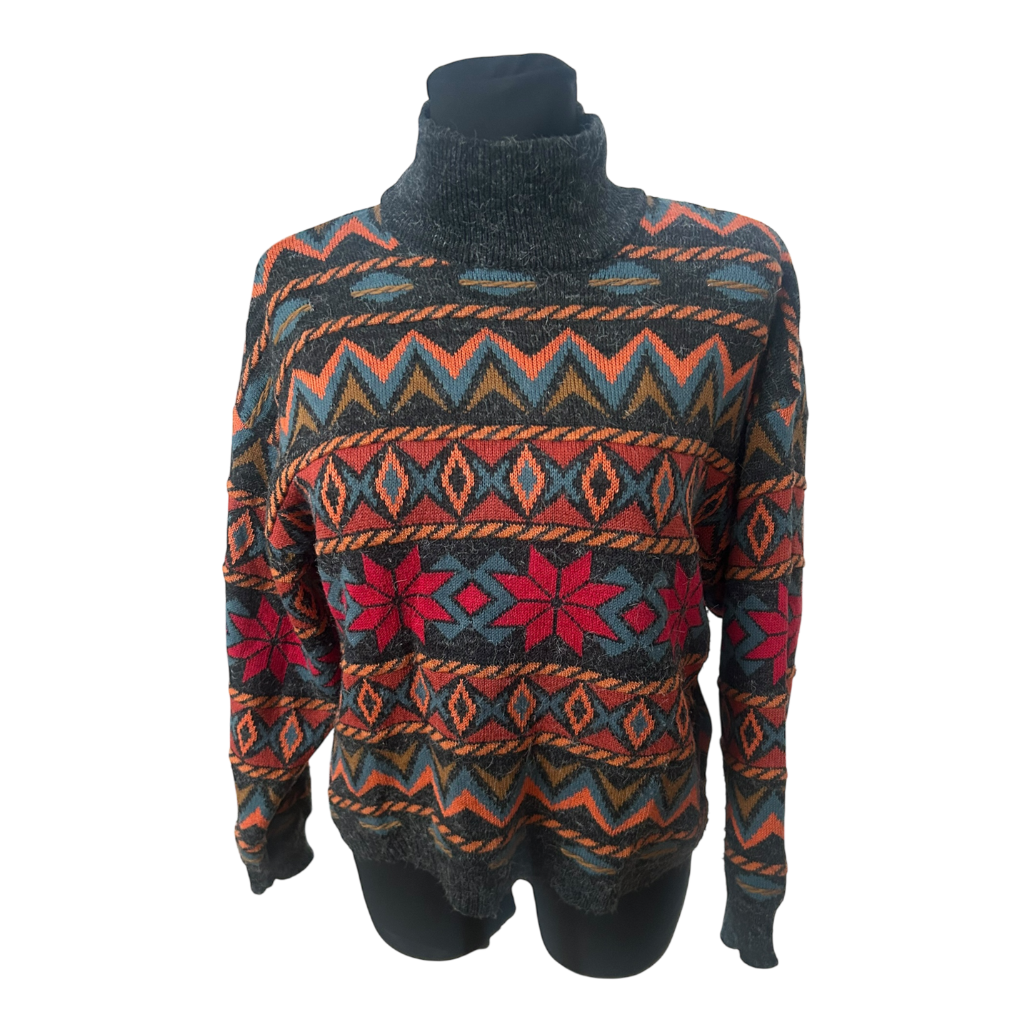 Servato Damen Pullover Gr M Vintage Stehkragen Muster Wollmix Warm