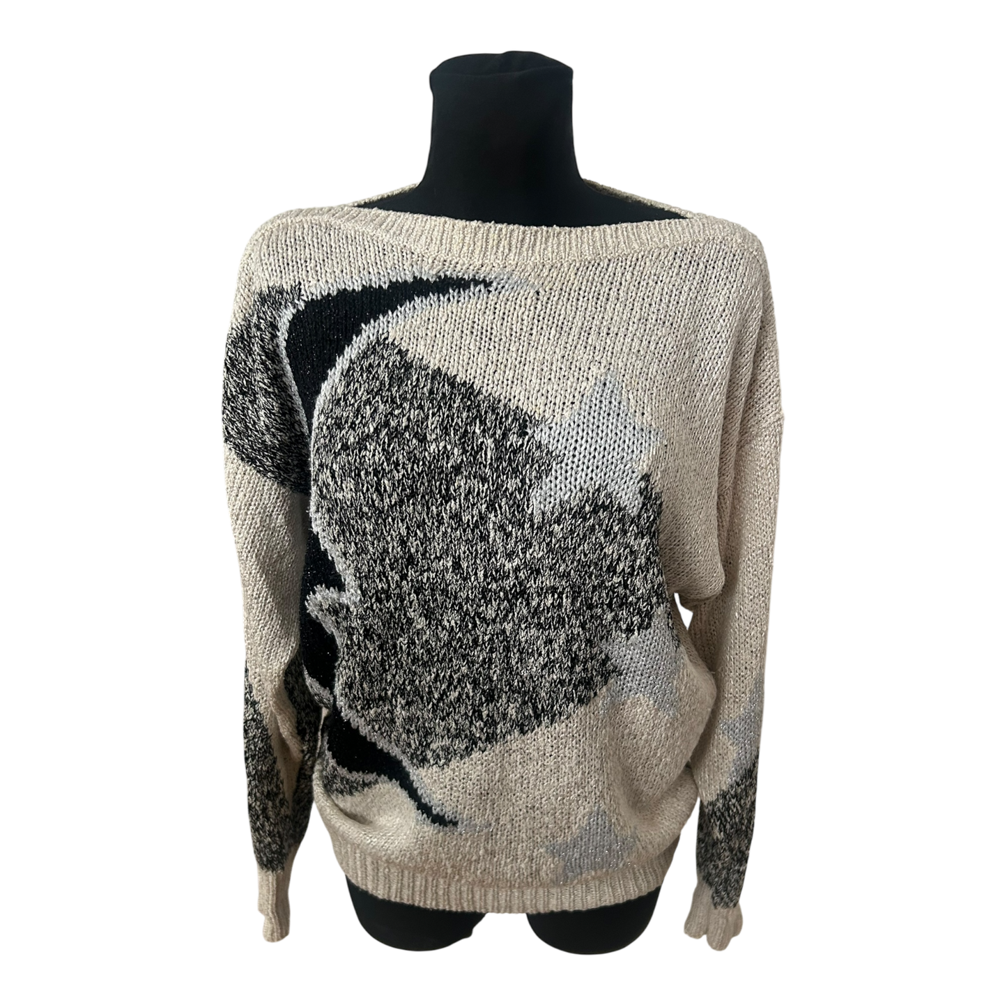 Vintage Damen Strickpullover Gr L Creme Glitzer Sterne Elegant Weit