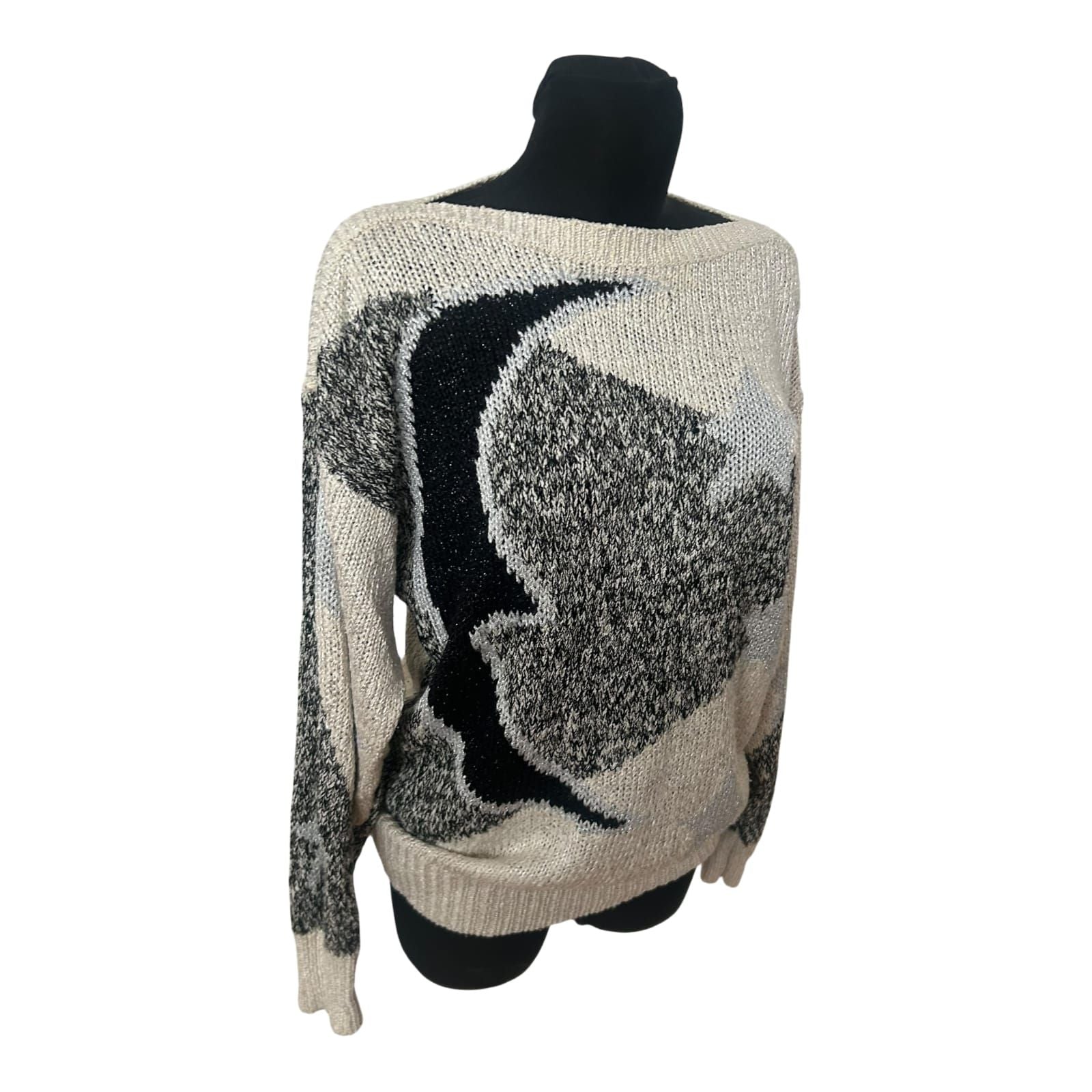 Vintage Damen Strickpullover Gr L Creme Glitzer Sterne Elegant Weit
