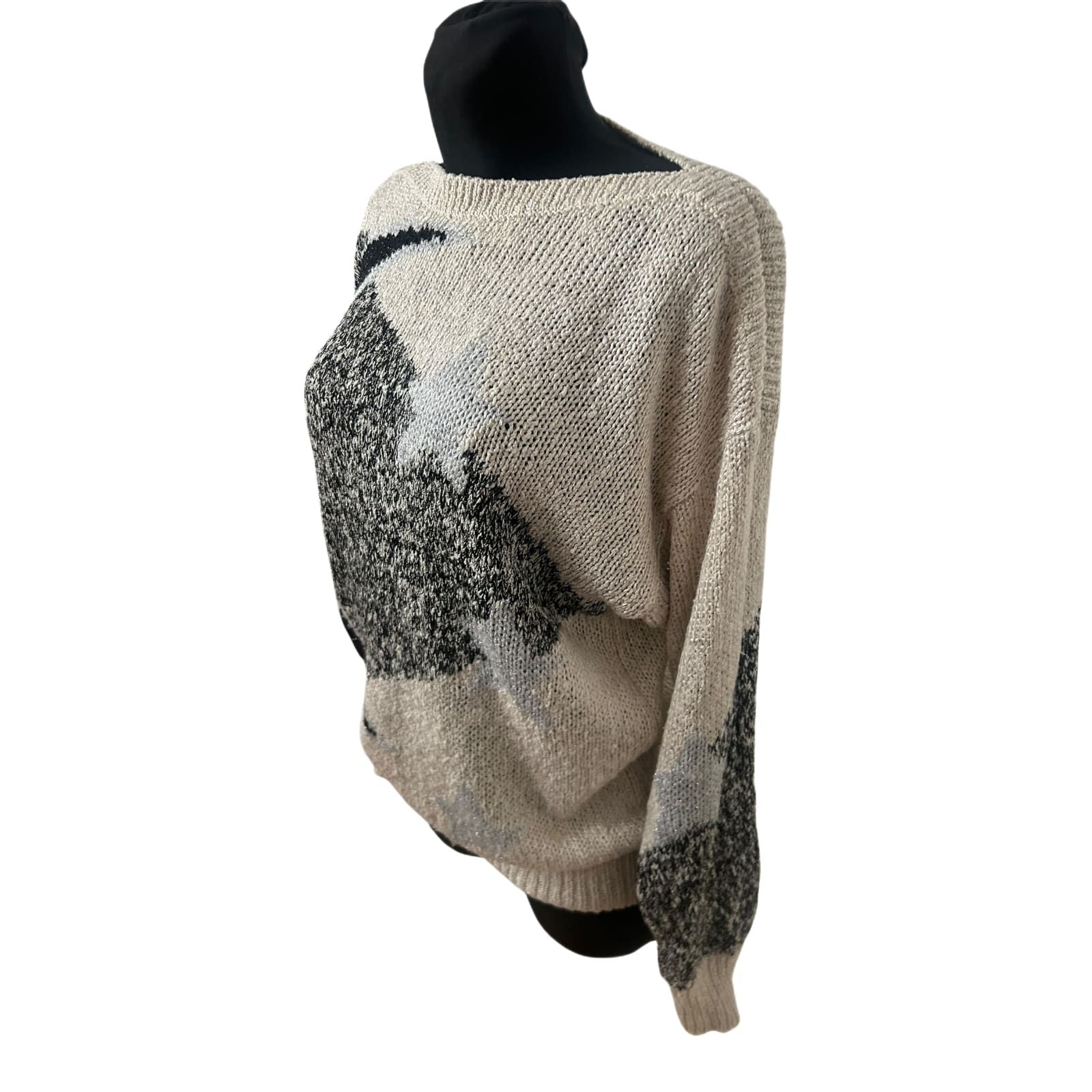 Vintage Damen Strickpullover Gr L Creme Glitzer Sterne Elegant Weit