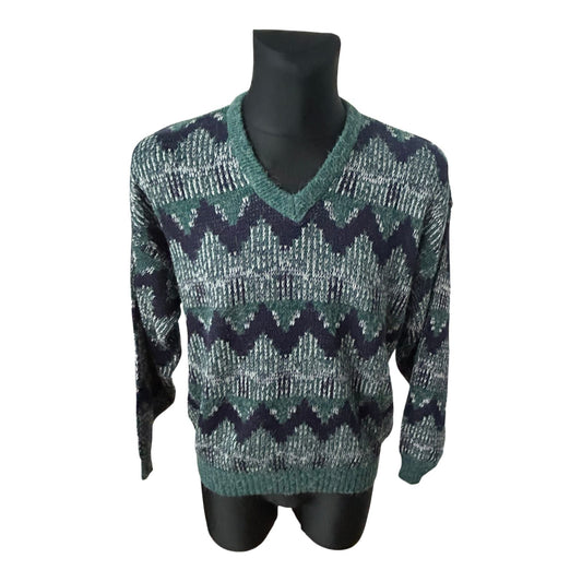 C&A Vintage Herren Pullover Grün Blau Muster Strick Gr L 52 Retro V-Ausschnitt