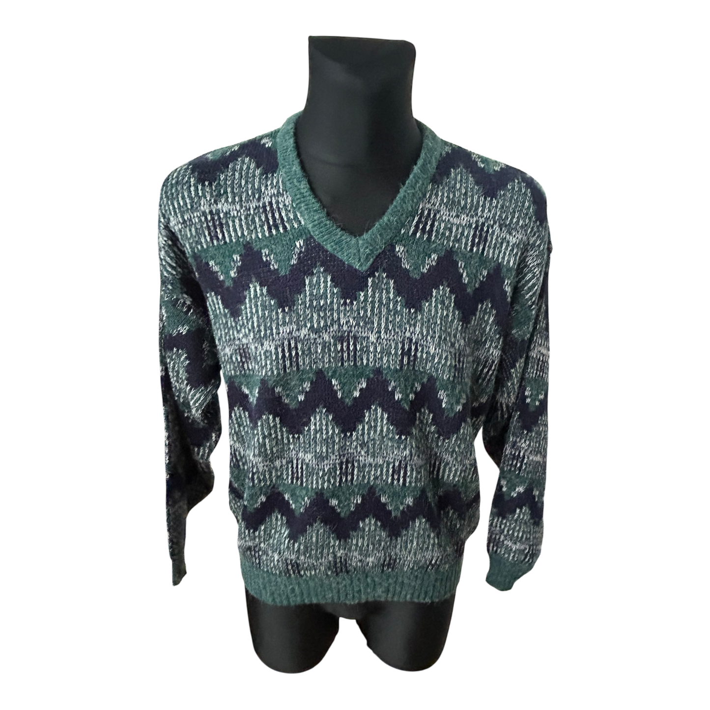 C&A Vintage Herren Pullover Grün Blau Muster Strick Gr L 52 Retro V-Ausschnitt