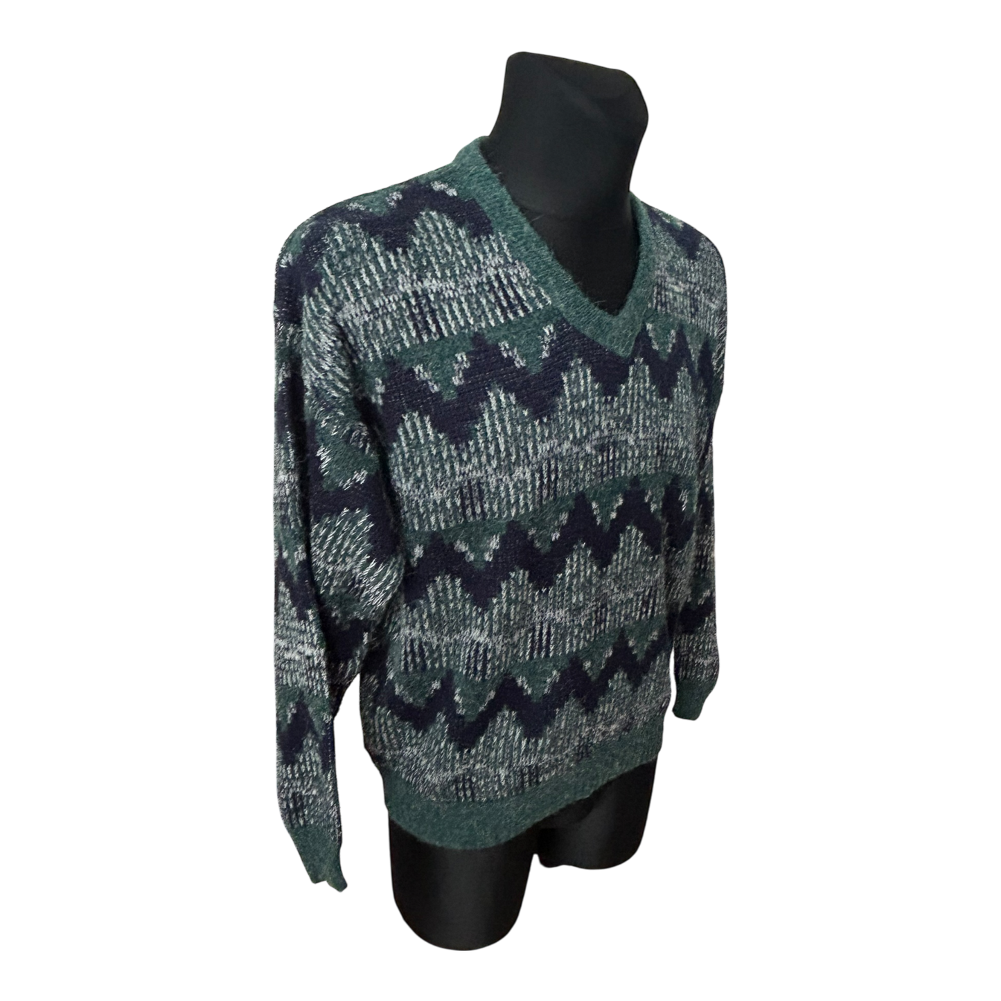 C&A Vintage Herren Pullover Grün Blau Muster Strick Gr L 52 Retro V-Ausschnitt