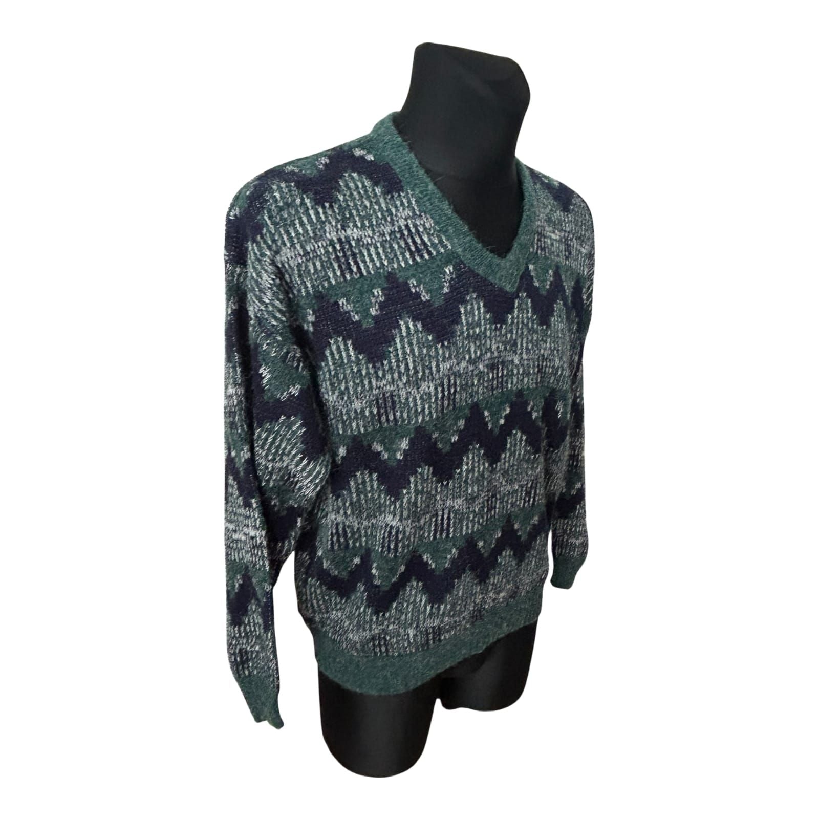 C&A Vintage Herren Pullover Grün Blau Muster Strick Gr L 52 Retro V-Ausschnitt