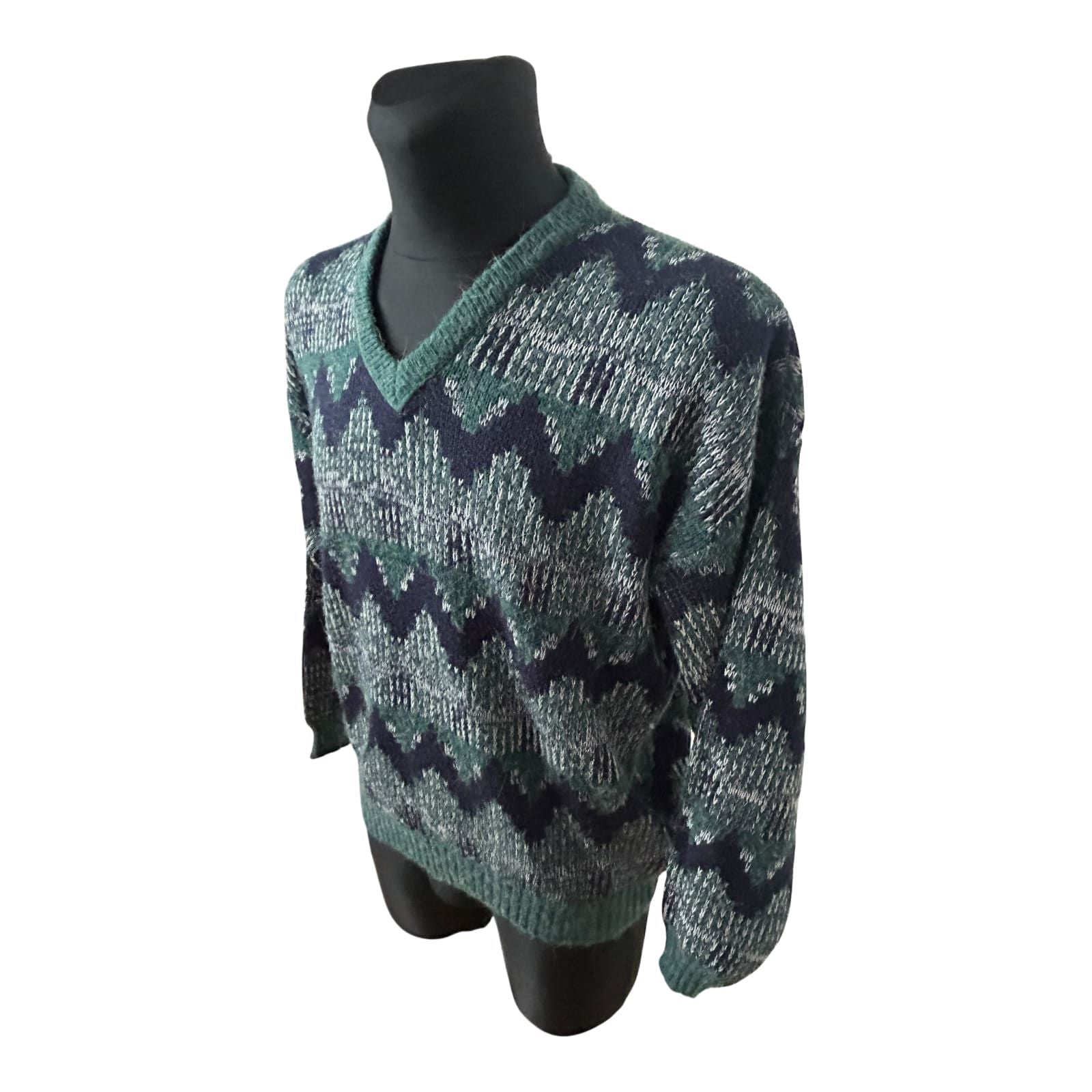 C&A Vintage Herren Pullover Grün Blau Muster Strick Gr L 52 Retro V-Ausschnitt
