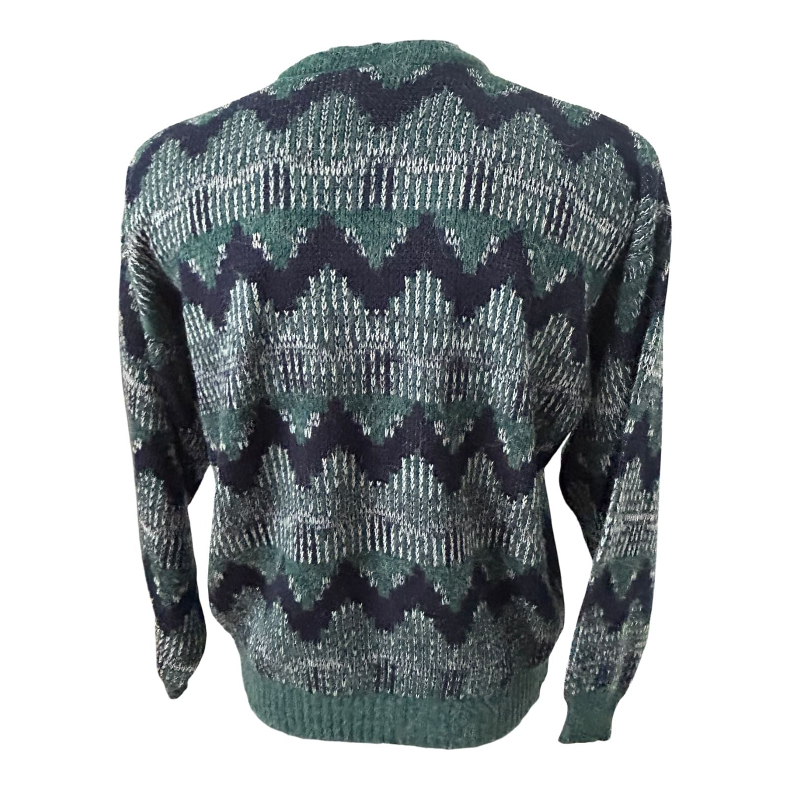 C&A Vintage Herren Pullover Grün Blau Muster Strick Gr L 52 Retro V-Ausschnitt